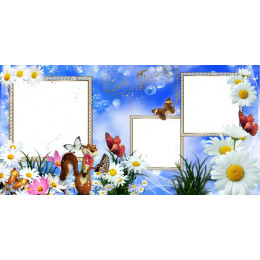 Шаблон для печати на кружку с рамками для фотографии, цветами и бабочками