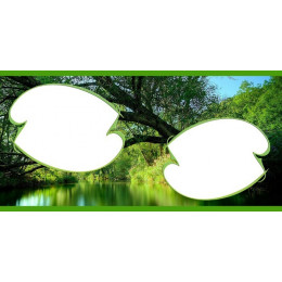 Шаблон для печати на кружке-хамелеон с рамками под фотографии на фоне реки и деревьев