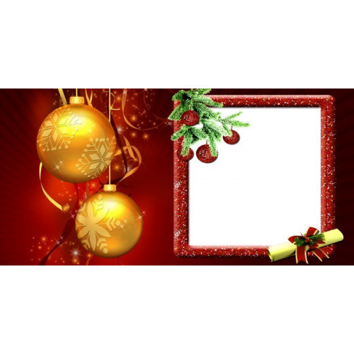 Новогодний шаблон с рамкой под фотографию на красном фоне для печати на кружку