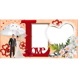 Шаблон к 14 февраля для печати на кружке с рамками под фотографии и надписью "Love"