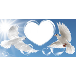 Шаблон к 14 февраля для печати на кружке с рамкой под фотографию в форме сердца и голубями